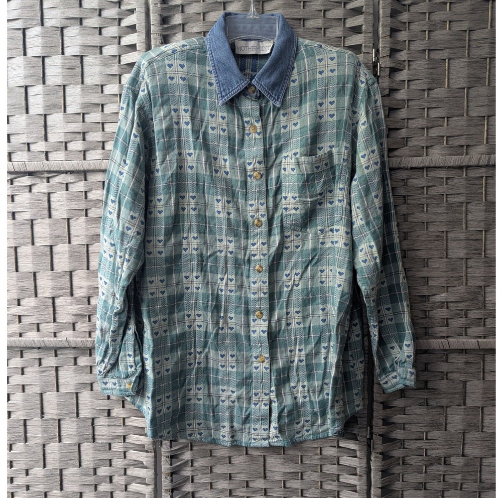 Vtg 90s Motherhood Button Up Shirt Green Plaid Heart Print Denim Collar Sz S